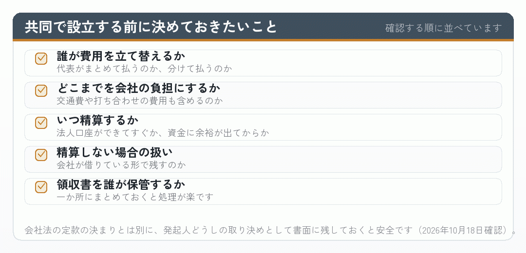 共同で会社設立をする前に決めておきたい費用負担の項目を並べたチェックリスト
