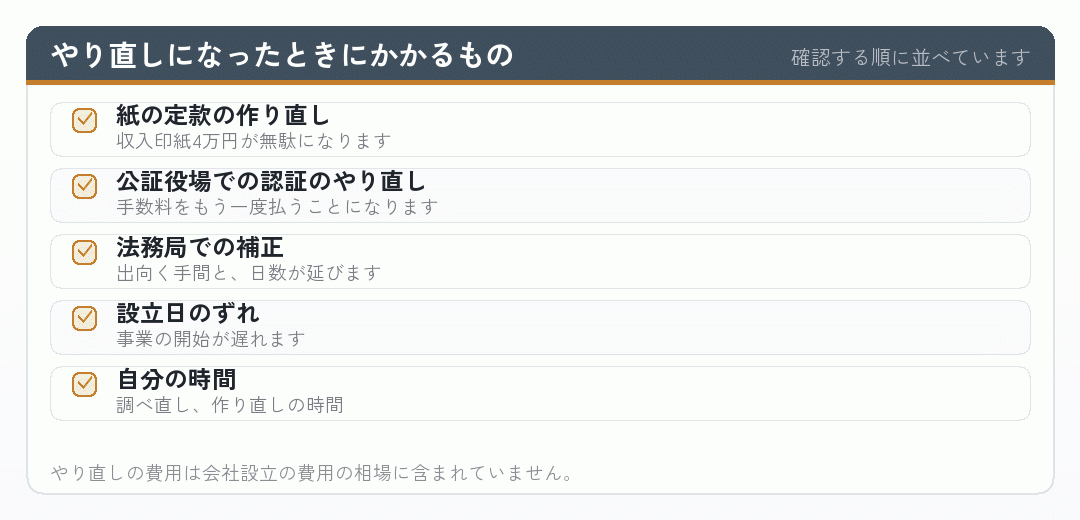 会社設立でやり直しになったときにかかるものを並べたチェックリスト