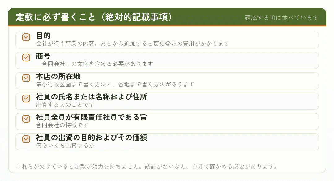 合同会社の定款に必ず書く事項を並べたチェックリスト