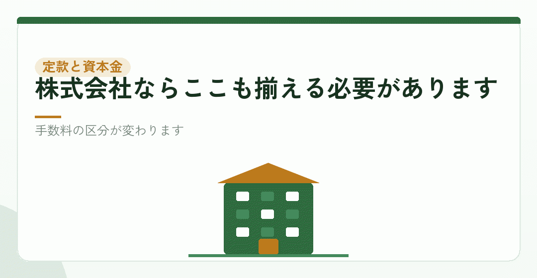 揃える条件②:定款の形と、資本金・発起人を表したイラスト