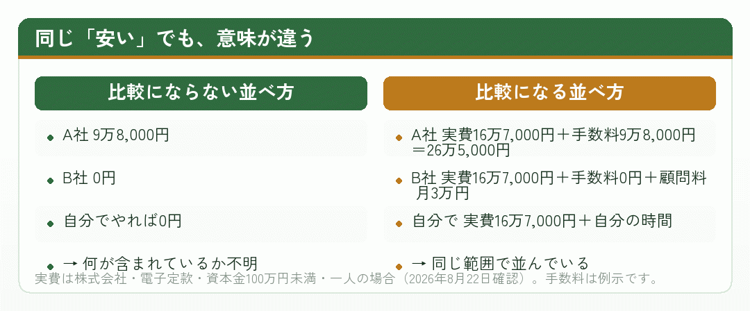 会社設立の費用の比較で、範囲を揃えた場合と揃えない場合を並べた比較図