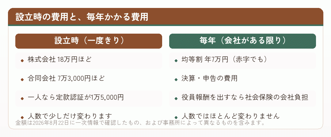 会社設立の設立時の費用と毎年かかる費用を並べた比較図