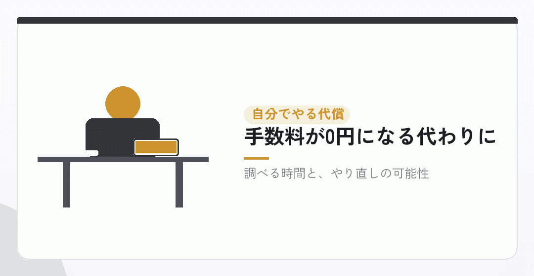 削ったもの②：自分で手続きをすると、時間と補正のリスクを引き受けるを表したイラスト