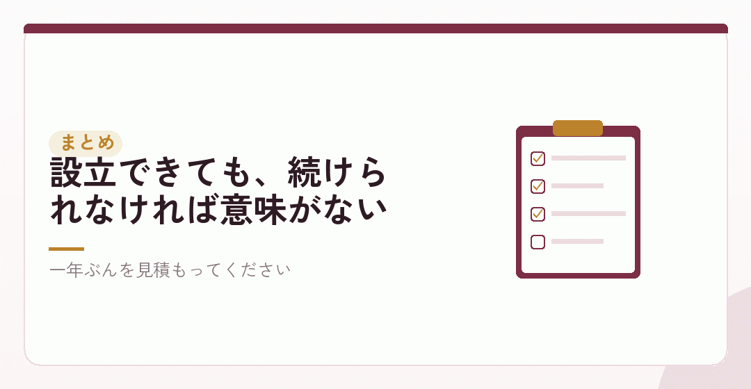 まとめ：設立の実費に、一年ぶんを足して用意するを表したイラスト