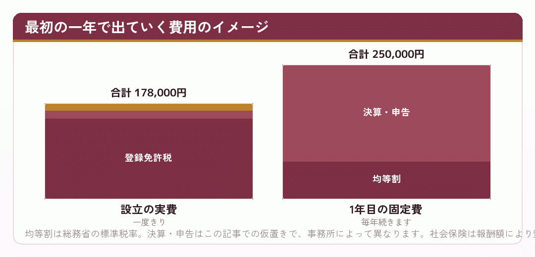 設立の実費と、最初の一年で出ていく固定費を並べた積み上げグラフ