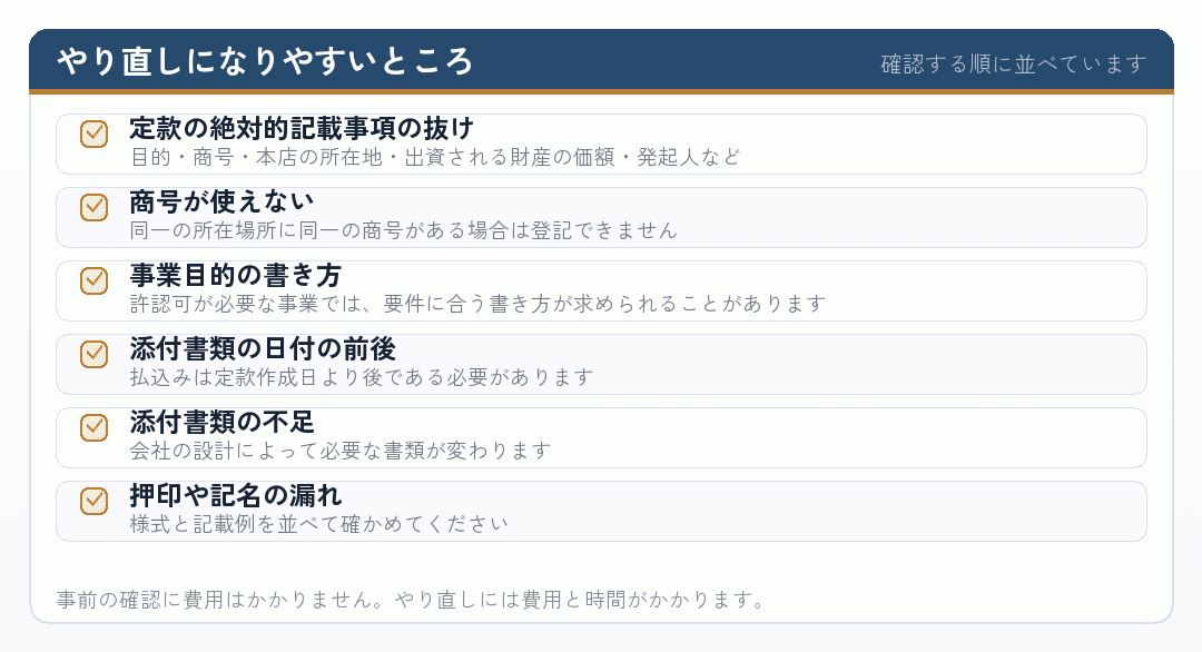 自分で会社設立をするときにやり直しになりやすい項目を並べたチェックリスト
