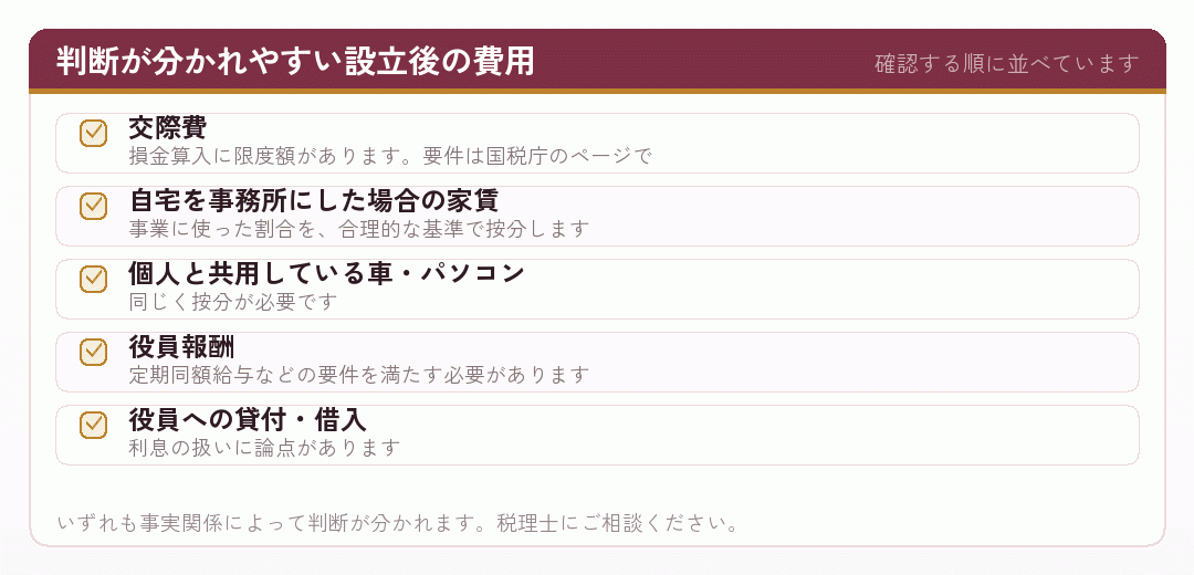 会社設立の後で判断が分かれやすい費用を並べたチェックリスト