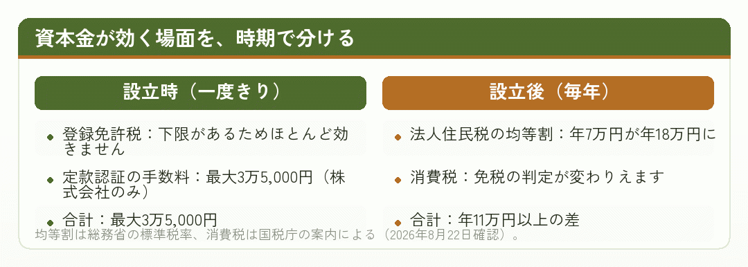 資本金が効く場面を設立時と設立後に分けて並べた比較図