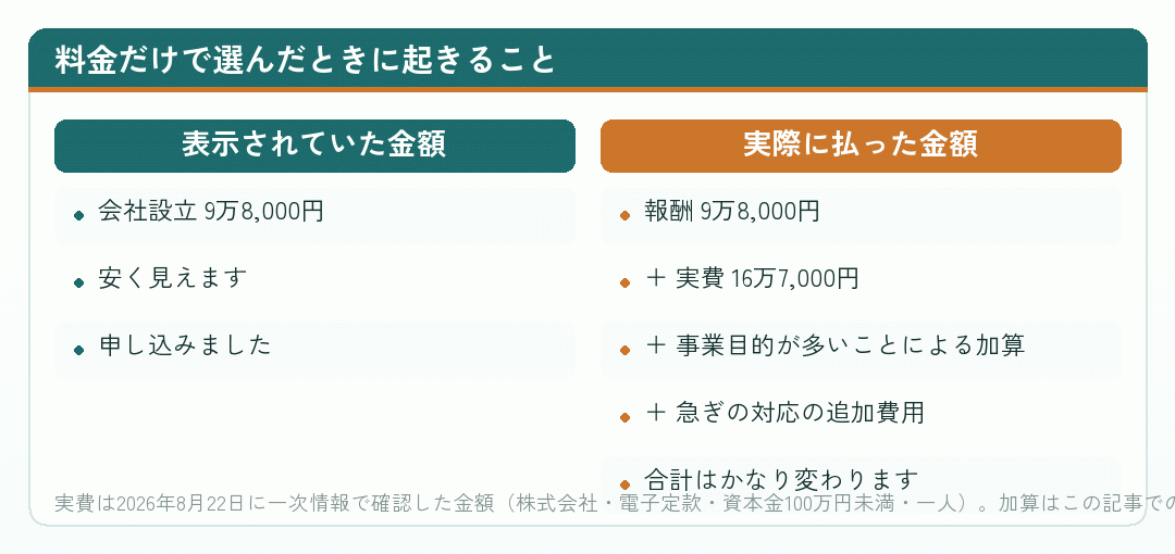 料金だけで司法書士を選んだときに起きることを並べた比較図