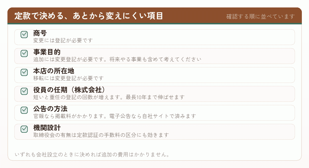 定款で決めるあとから変えにくい項目を並べたチェックリスト