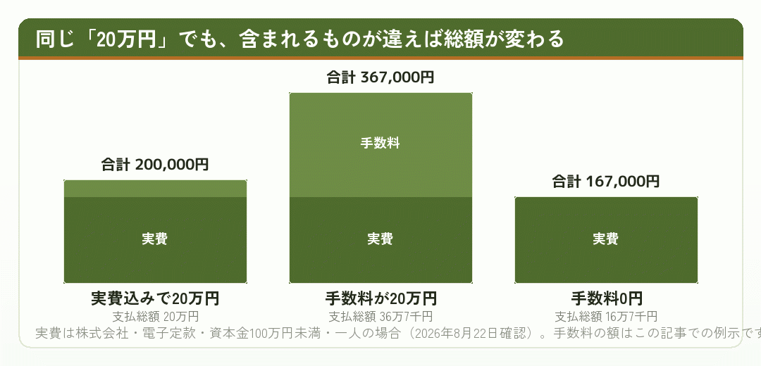 実費が含まれているかどうかで支払総額がどう変わるかを示した積み上げグラフ