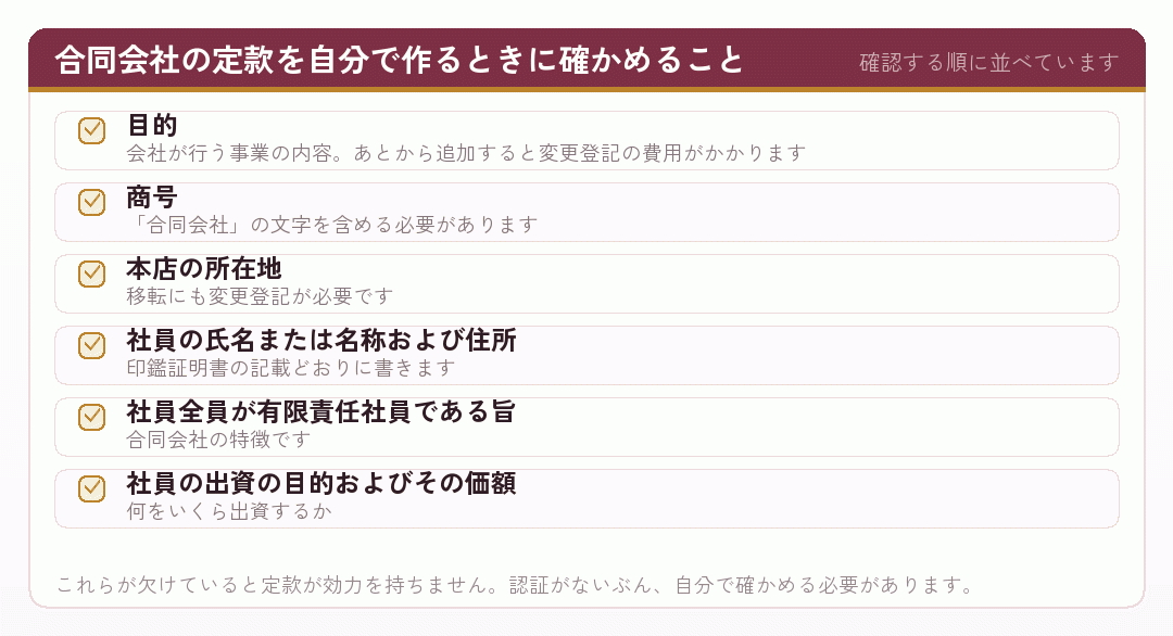 合同会社の定款を自分で作るときに確かめる項目を並べたチェックリスト
