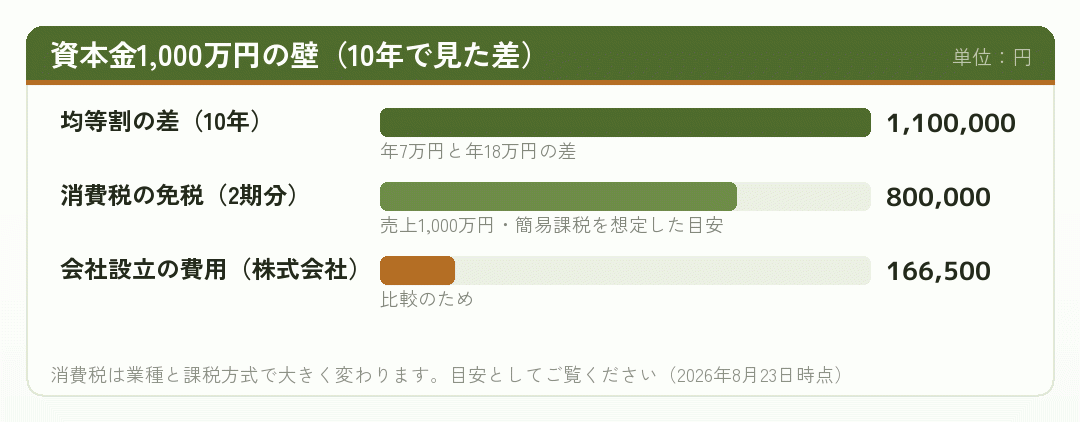 資本金1,000万円を超えたときの負担増を示した棒グラフ