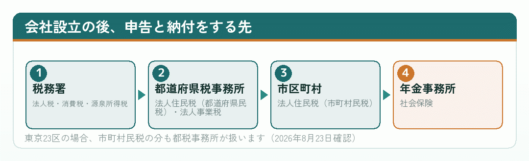 会社設立の後に申告と納付をする先を並べた流れ図
