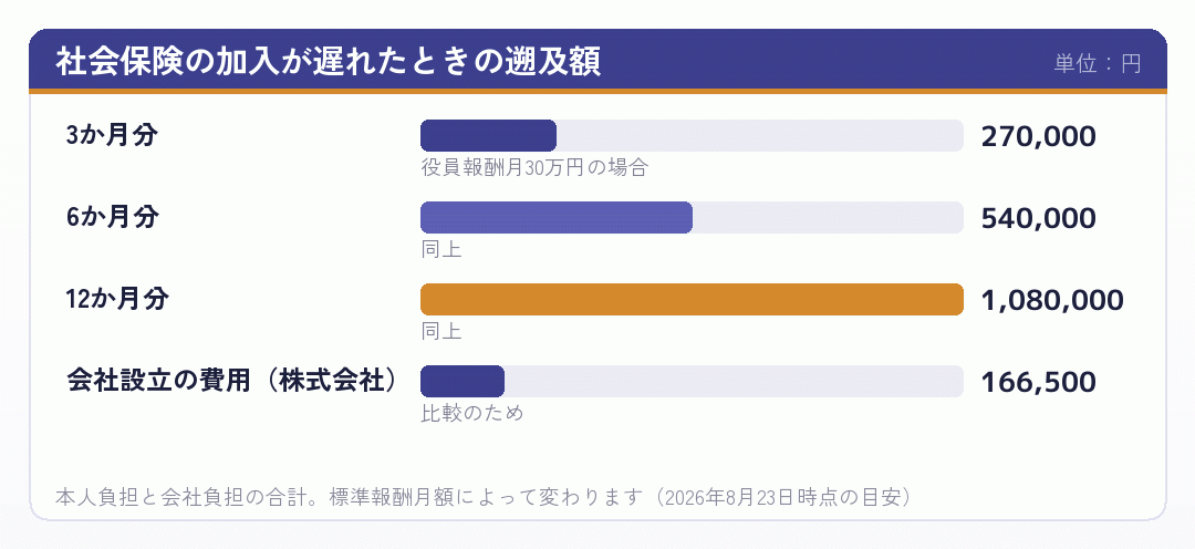 社会保険の加入が遅れたときに遡って徴収される額を示した棒グラフ