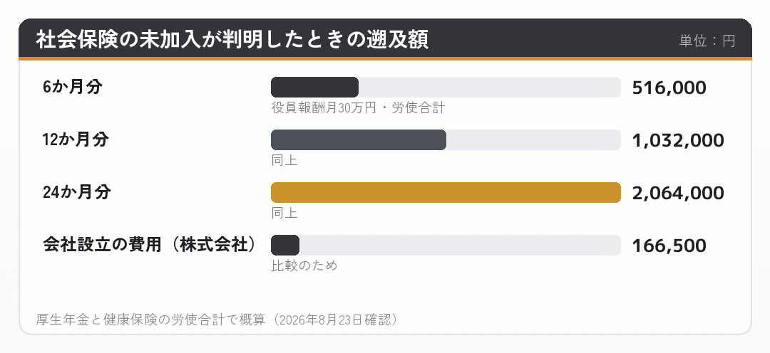 社会保険の未加入が判明したときの遡及額を示した棒グラフ