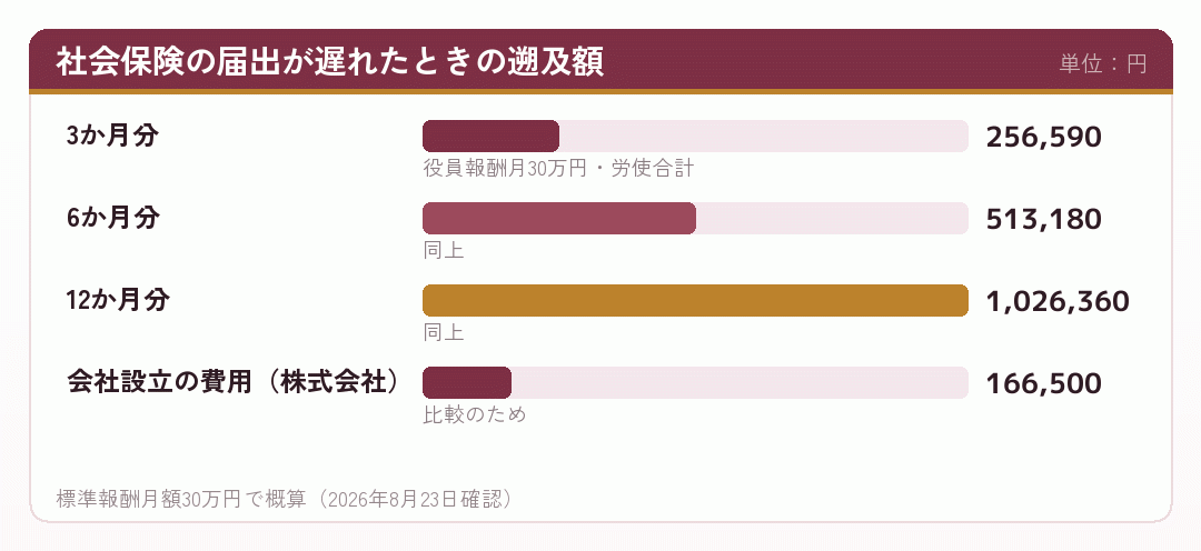 社会保険の届出が遅れたときの遡及額を示した棒グラフ