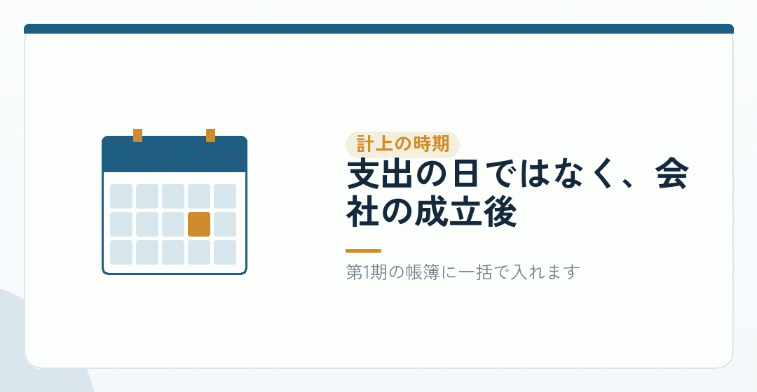 いつの帳簿に載せるか。会社設立の第1期にまとめて入れるを表したイラスト